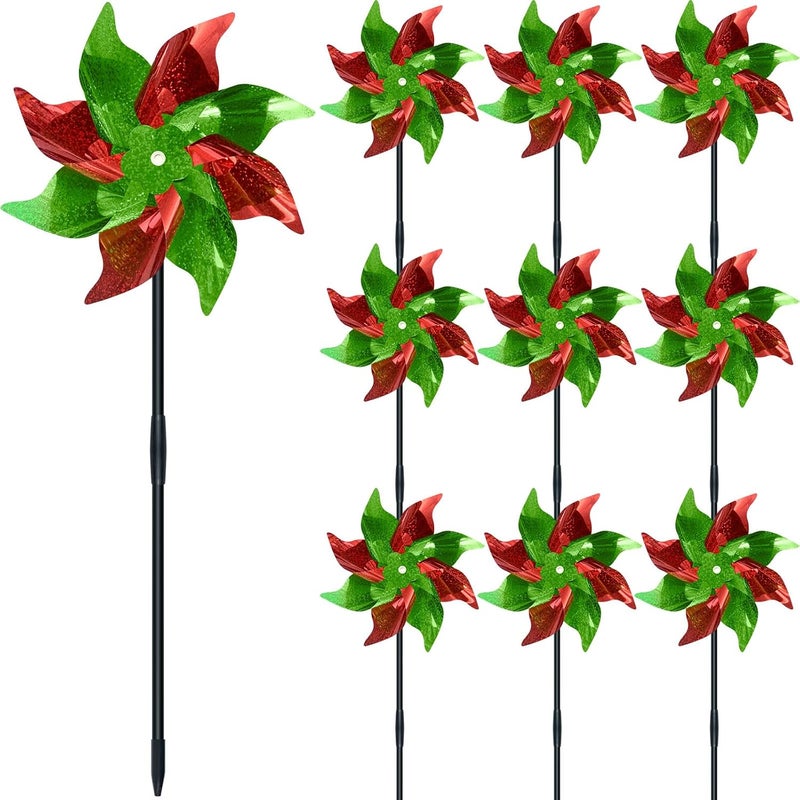 DECEED 10 PCS Pre-Assembled Christmas Red and Green Reflective Pinwheels, Large Foil Sparkly Wind Spinners with Stakes, Farm Bird Animal Deterrent Windmill, Christmas Outdoor Garden Lawn Yard Decor - Image 1